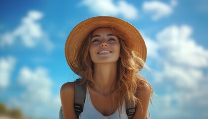 A solo female traveler enjoying a sunny beach vacation, smiling with a relaxed expression, wearing a hat and sunglasses, with the blue sky in the background.