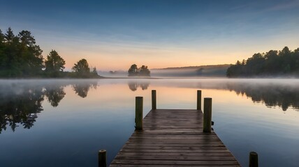 Fototapeta premium Tranquil Lake Pier at Sunrise with Misty Reflections