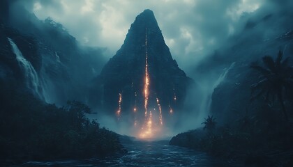 Lava flows down mountain in tropical landscape