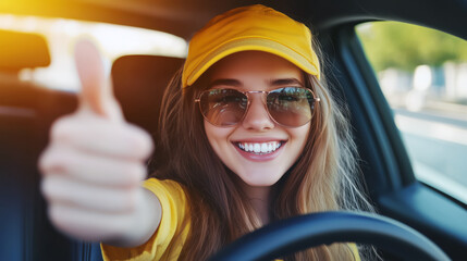 Smiling young female driver in glasses sitting in modern car and showing thumbs up, happy to pass driving test