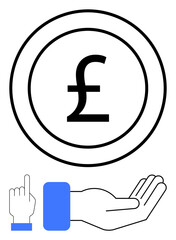 Pound symbol on a coin, pointing finger, and open hand gesture. Ideal for finance, support, payment, charity, money management investment crowdfunding. Flat simple metaphor