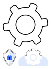 Gear symbol with shield featuring a lock and a cloud in the background. Ideal for technology, security, cloud integration, maintenance, system optimization, software settings, and remote access. Flat