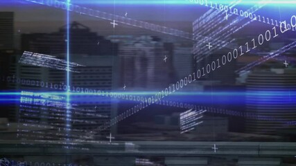 Binary code and digital data processing animation over urban cityscape - Powered by Adobe