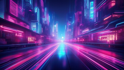 Fototapeta premium Cyberpunk city lights blurred in neon pink and blue, showcasing a futuristic and tech-inspired aesthetic