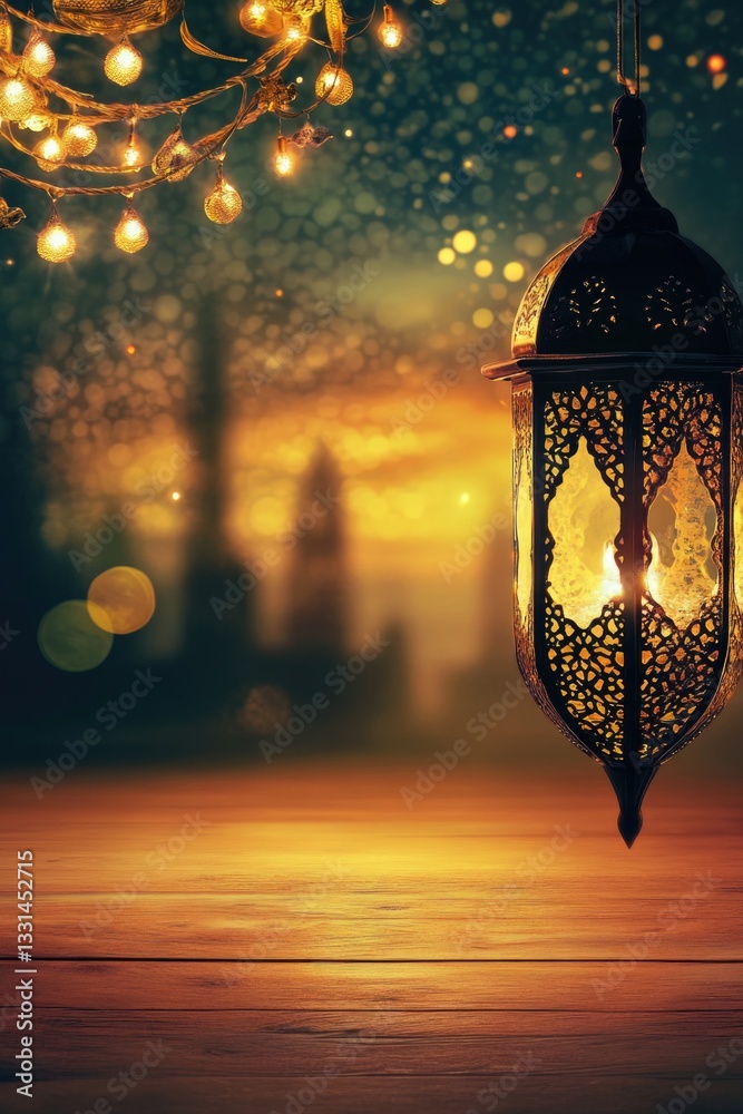 Poster A lantern hangs from a tree branch, surrounded by warm lights in the background