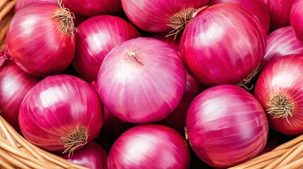 Close up view of a wicker basket overflowing with vibrant red onions. The onions are plump and glossy, showcasing their rich color and texture.