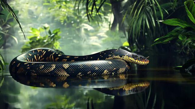 Black and gold snake resting in serene jungle waters, glistening scales, peaceful wildlife