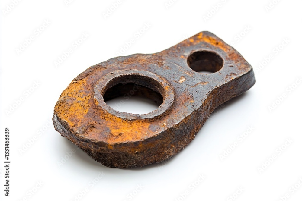 Poster A close-up view of a rusted metal object on a white surface, suitable for use in historical or industrial-themed projects