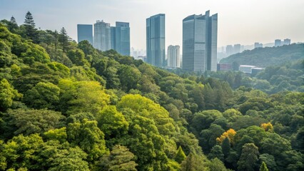 Fototapeta premium Urban Skyline Behind Lush Green Forest