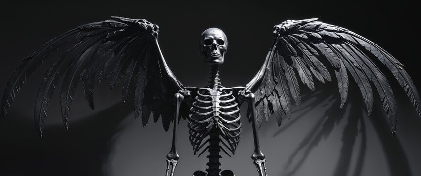 Metallic skeleton sculpture with wings in dark setting.