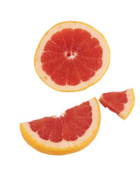 Top view of half a grapefruit, half a grapefruit slice and one grapefruit slice isolated on transparent background. Fruit and food concept. PNG format