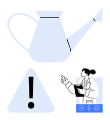 Obraz premium Watering can, triangle warning sign with exclamation mark, and doctor holding clipboard on video call interface. Ideal for healthcare, environment, technology, online consultation, alerts