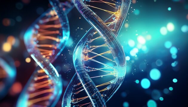 DNA strand floating in a high-tech medical lab, representing a futuristic biotechnology and genetic research background - Powered by Adobe