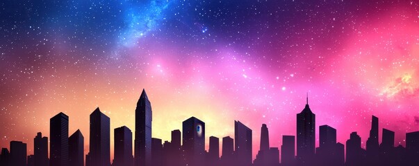A vibrant skyline silhouette against a colorful cosmic backdrop, blending shades of pink, purple, and blue, creating a dreamy atmosphere.