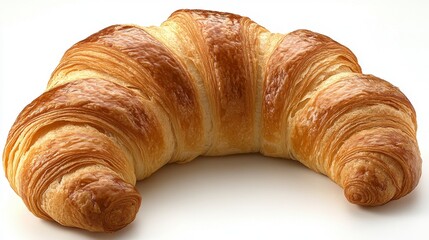 Golden brown croissant with layered texture, isolated on a white background. The pastry is shown in a crescent shape with a glossy finish.