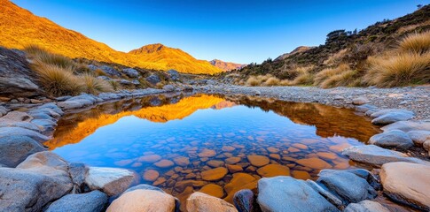 Clear mountain lake reflecting golden hills under a vibrant blue sky. Rocks surround the calm water, creating a serene landscape. 