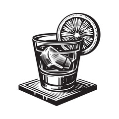 Fototapeta premium Elegant woodcut illustration of a refreshing old fashioned cocktail drink