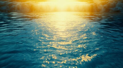 Golden sunset light reflecting on calm blue water, creating a shimmering effect. The sun's rays appear to radiate from the horizon, illuminating the gentle ripples.