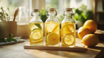 Zero-waste lifestyle, Refreshing lemon infused water in glass bottles with fresh lemons nearby