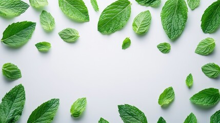 Fresh green mint leaves scattered on a light gray background, forming a frame. Ideal for food, beverage, or health related designs.