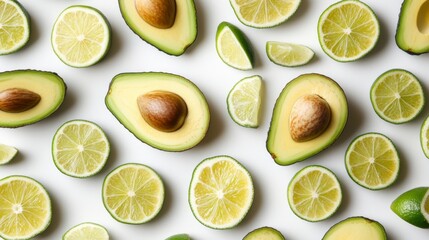 Vibrant overhead shot featuring halved avocados and lime slices arranged on a white background. The green hues of the fruits create a fresh and appetizing aesthetic.