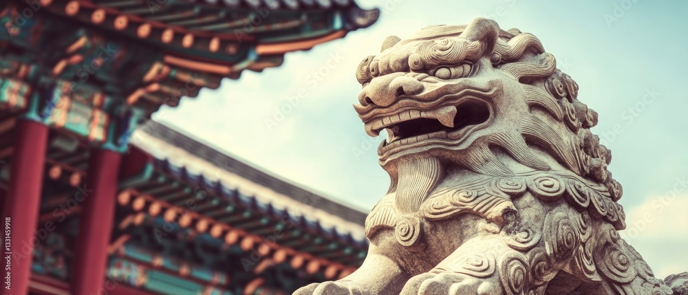 Aufkleber a lion statue standing guard in front of a building, ideal for use as an architectural or cityscape 