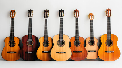 Fototapeta premium Six Acoustic Guitars in Artistic Arrangement, Symbolizing Harmony and Creative Expression