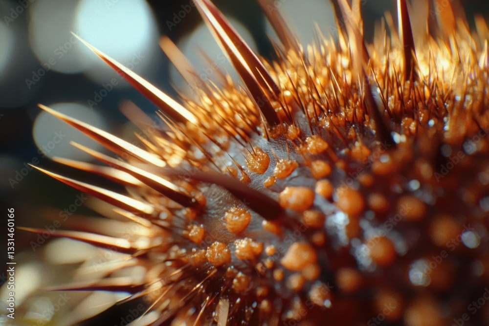 Poster a close-up shot of a unique spiky plant with thick, fleshy leaves and sharp stems