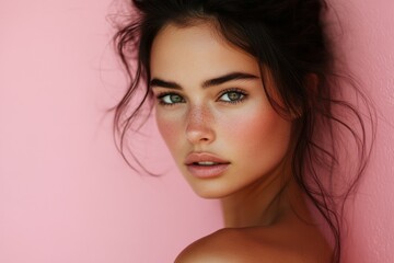 Naklejka premium Beautiful young woman gazes confidently with a pastel pink background
