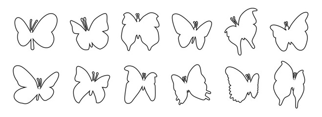 Outline butterfly icon collection. Black line illustration of geometric butterflies.