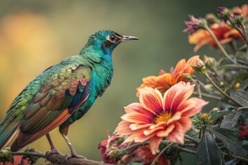 Obraz premium Emerald Starling Bird Perched Near Flowers