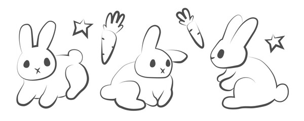 Cute Easter bunny outline sketch drawings. Childish style linear rabbits