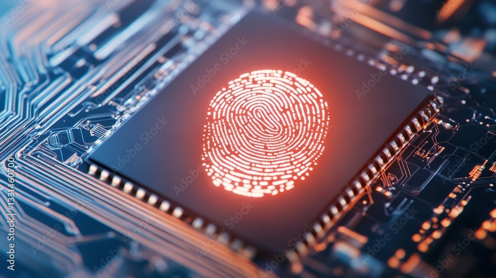 Poster close up view of a microchip with an illuminated fingerprint pattern, circuit board details visible.