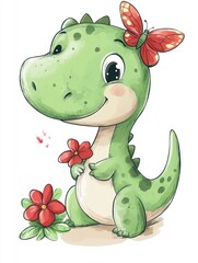 Cute green dinosaur with red flowers and butterfly.  A cheerful, cartoonish dinosaur, light green in color, is depicted holding a red flower and with a red butterfly on its head.  