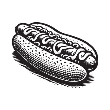 recommend clip art: Monochrome Minimalist Hotdog Delight with Mustard and Relish Illustration