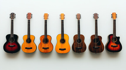 Fototapeta premium Six Acoustic Guitars in Artistic Arrangement, Symbolizing Harmony and Creative Expression
