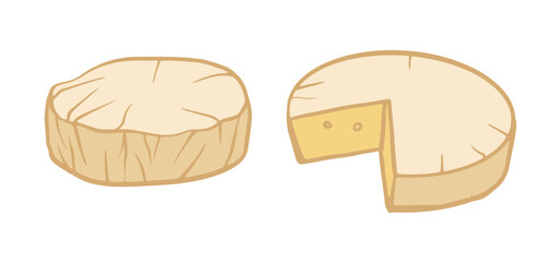 illustration of a round Camembert cheese wheel with a soft rind, including one cut piece. Ideal for food packaging, recipes, or culinary-themed designs.