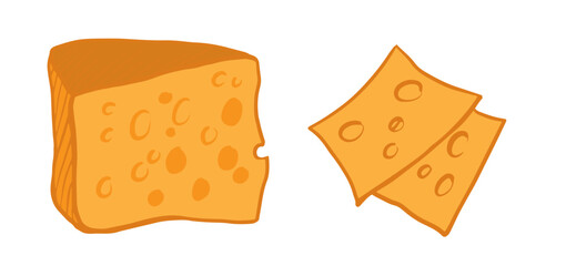block of Swiss cheese with holes and two slices Hand-drawn illustration. Perfect for sandwiches, snacks, culinary designs, or food packaging.