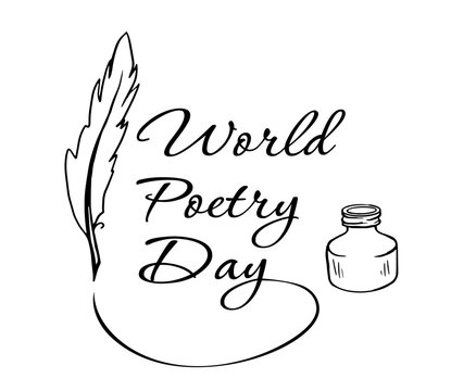 "World Poetry Day" illustration featuring a quill in an ink bottle with graceful calligraphy. Ideal for greeting cards, posters, and cultural event designs.
