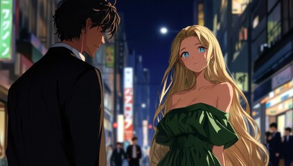 Romantic Encounter in a Bustling City at Night Featuring an Elegant Woman in Green Dress and a Suave Man in Black Suit