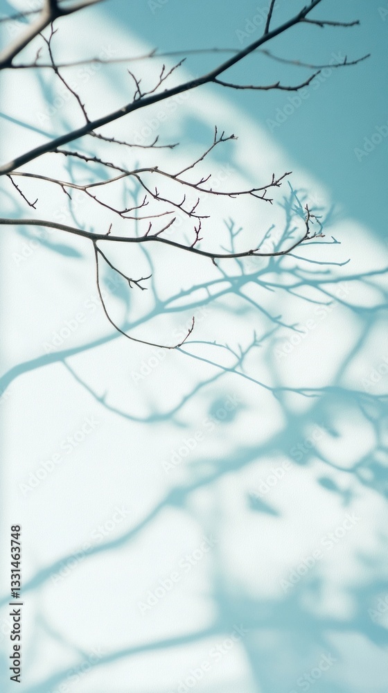 Poster soft light blue surrounds the delicate interplay of bare branches casting shadows on a gentle backdr