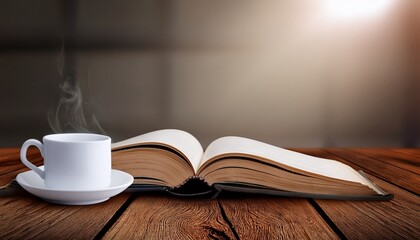 coffee mug and open book on wooden table with copy space