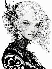 Intricate Portrait of a Woman with Curly Hair and Elegant Floral Tattoos in Black and White Artistic Style