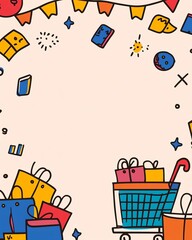 ิbusiness illustration flat-art concept creation Colorful shopping cart surrounded by festive decorations, creating a lively atmosphere perfect for promoting consumerism.