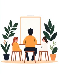 ิbusiness illustration flat-art concept creation A family scene featuring two children and an adult, engaging in creativity in a cozy, plant-filled environment.