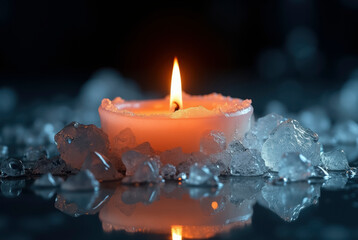 Glowing candle surrounded by ice crystals on reflective surface. Winter still life, dramatic lighting, cozy atmosphere.