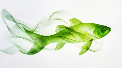 A vibrant green fish gracefully swimming through a light, flowing environment.