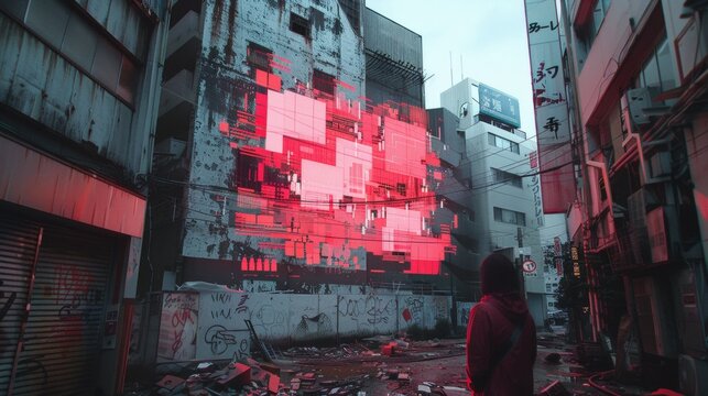 Cyberpunk alleyway, holographic wall display, urban decay, person observing
