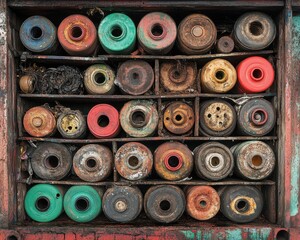 Fototapeta premium A rustic wooden box overflows with an array of vibrant spools in various colors, including bright reds, deep blues, sunny yellows, and soft pastels, creating a visually striking display.