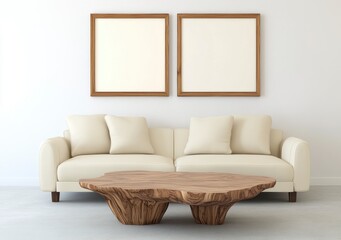 Fototapeta premium Off white couch with beige pillows sits before a rustic wooden coffee table, two empty square wooden frames adorn a white wall in a minimalist living room setting.
